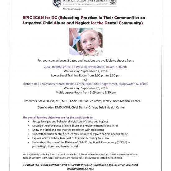 Flyer for dental seminar titled Educating Practices in Their Communities on Suspected Child Abuse and Neglect for the Dental Community
