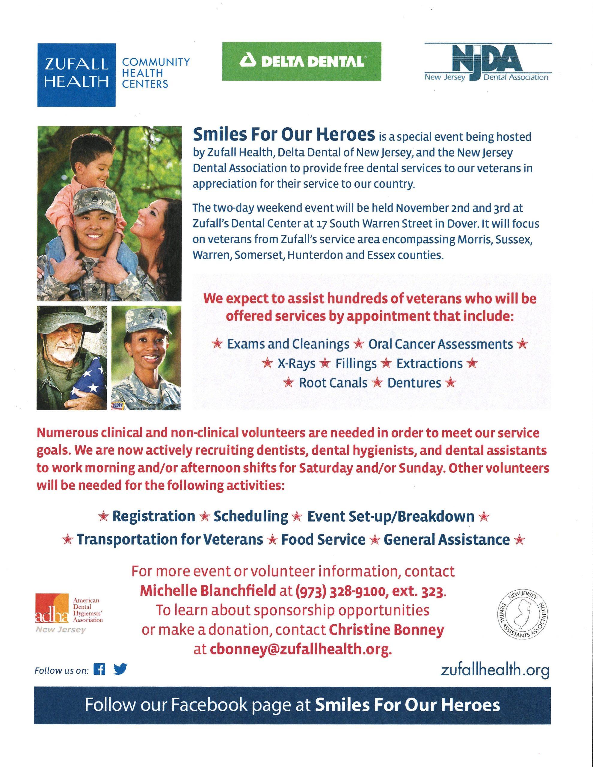 Flyer for Smiles for Our Heroes veterans dental event to be held on November 2 and 3.